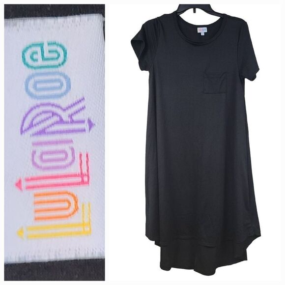 LuLaRoe Solid Black Carly Dress XS (2/4) Jersey Knit Swing Midi Pocket Hi-Low - Picture 1 of 7